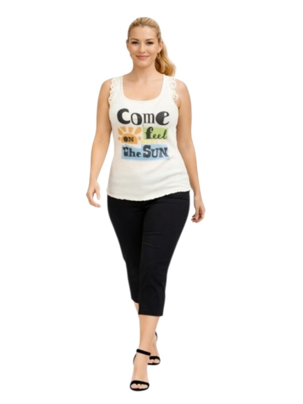 OP XL cream “come feel the sun” graphic tank crochet straps boho summer
